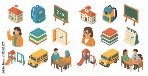 Education and school isometric icons set – learning, teaching, academic symbols