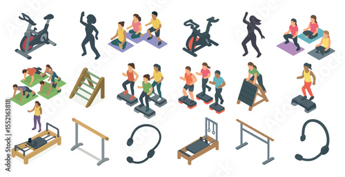 Fitness and exercise isometric icons set – health, workout, gym activity symbols