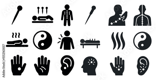 Alternative medicine solid icons set – wellness, acupuncture, healing symbols