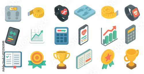 Health and fitness icons set – isometric, activity, wellness, tracking symbols