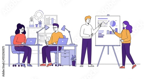 Team members presenting data and working together in an office – vector ilustration on a white background
