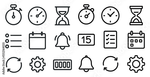 Time management outline icons set – linear, clock, scheduling symbols