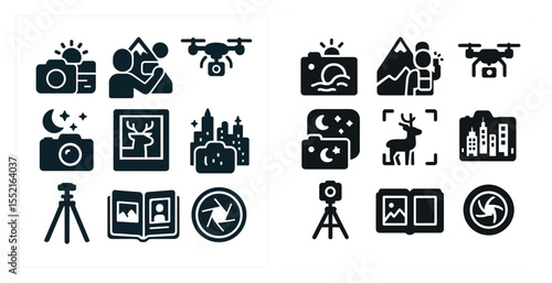 Photography and travel outline icons set – linear, camera, and adventure symbols