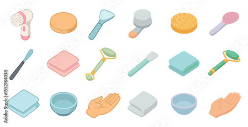 Home spa and beauty isometric icons set – tools, wellness, relaxation graphics
