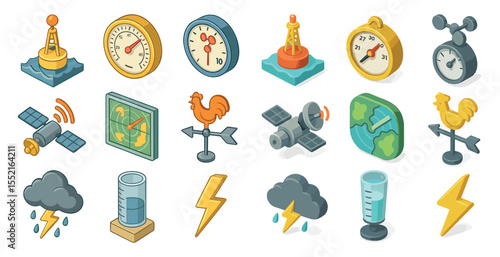 Weather and navigation icons set – isometric, meteorology, climate symbols