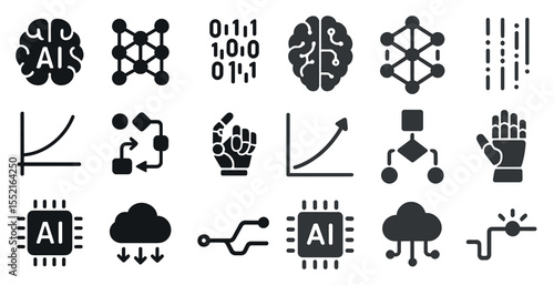Artificial intelligence solid icons set – digital, tech, machine learning symbols