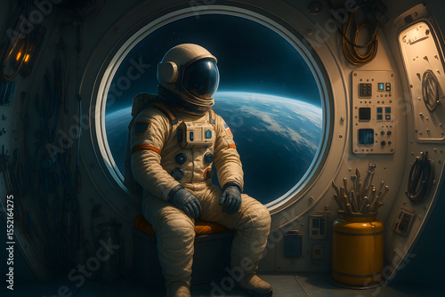 Fototapeta Naklejka Na Ścianę i Meble -  Astronaut in spaceship window closeup outer space scene