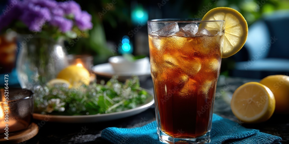 Refreshing iced tea with garnished lemon slice on a vibrant table setting during a cozy evening gathering Refreshing iced tea with garnished lemon slice on a vibrant table setting during a cozy evening gathering