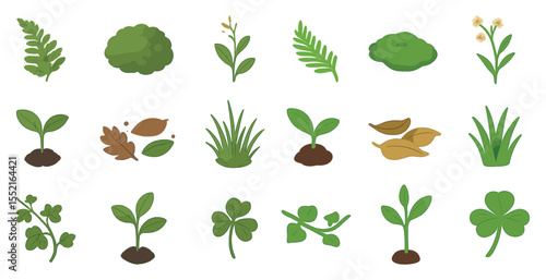 Nature and botany flat icons set – leaves, greenery, plant vector symbols