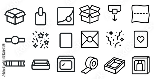 Packaging and unboxing icons set – outline, flat, shipping and delivery symbols