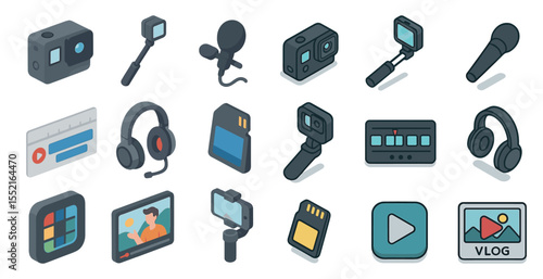 Vlogging and recording icons set - isometric, media tools, content creation symbols