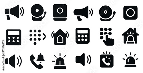 Home security solid icons set – flat, silhouette, alarm and safety symbols