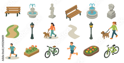 Park and recreation isometric icons set – flat, outdoor, leisure activity symbols
