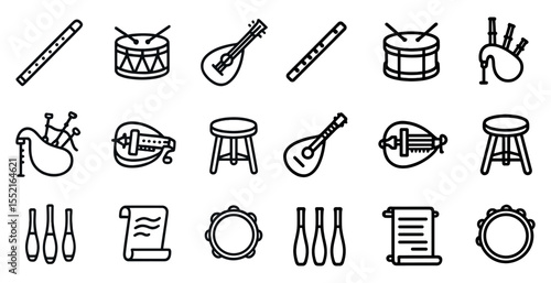 Music instruments outline icons set – line, silhouette, musical and audio symbols