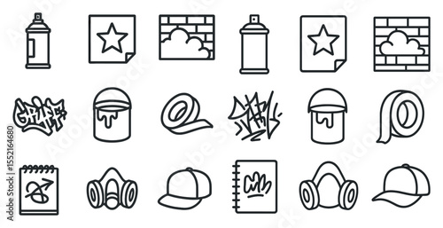 Graffiti art outline icons set – spray paint, street art, urban design symbols