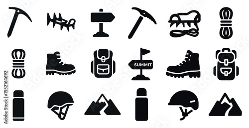 Mountaineering solid icons set – filled, climbing, hiking equipment symbols
