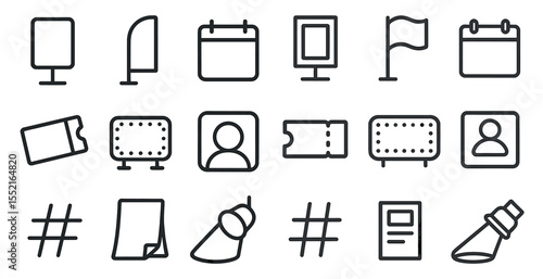 Event and venue outline icons set – banners, signage, display symbols
