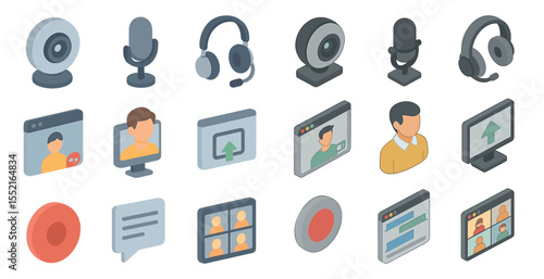 Video conference isometric icons set – online meeting, digital communication symbols