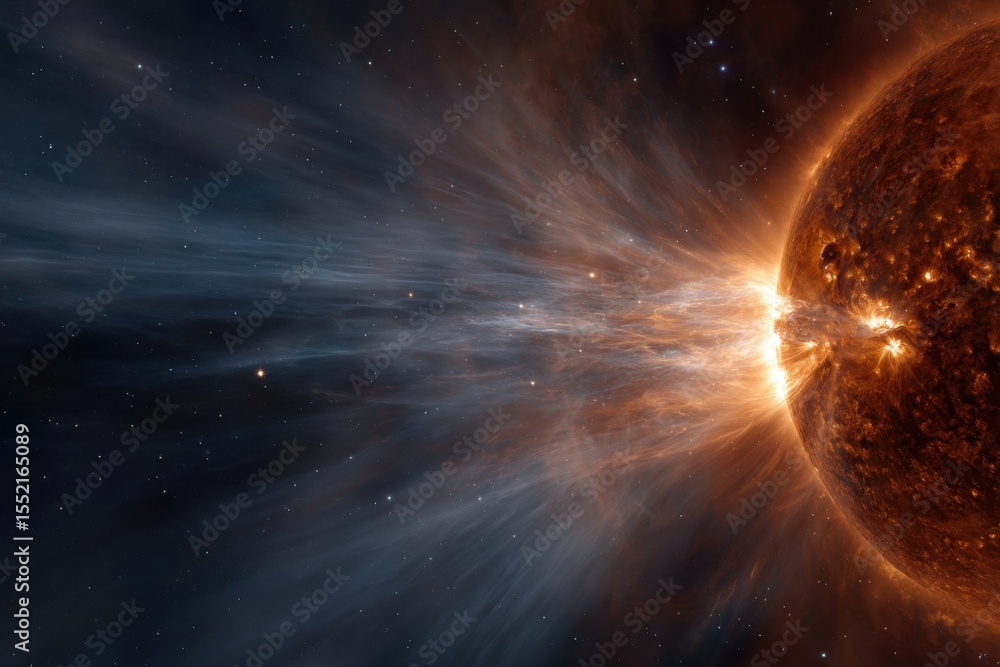 Obraz premium A solar flare bursts from the sun's surface, sending waves of plasma and energy into the vastness of space, illuminated by distant stars