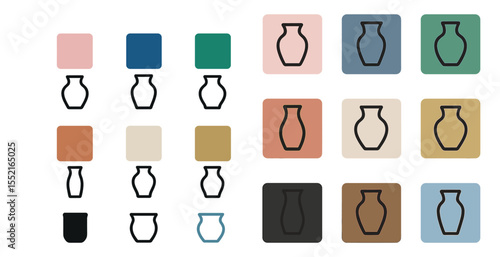 Ceramic vase outline icons set – line, flat, pottery and home decor symbols