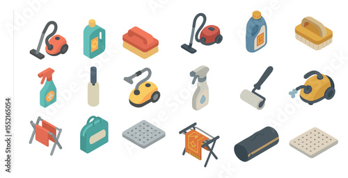 Home cleaning isometric icons set – vacuum, detergent, household chores symbols