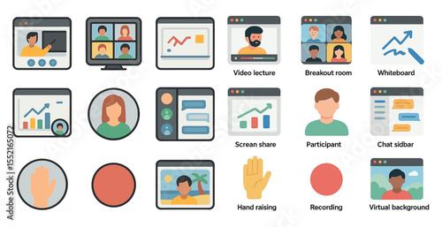 Wallpaper Mural Virtual meeting flat icons set – online conference, webinar, video call graphics Torontodigital.ca