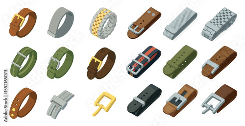 Fashion and apparel icons set – isometric, accessories, belts and buckles design