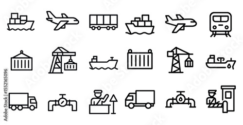 Logistics and transport line icons set – silhouette, outline, shipping and delivery symbols