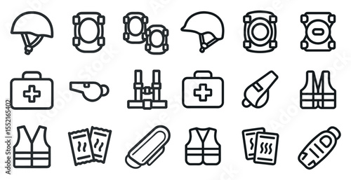 Safety and protection outline icons set – linear, emergency, and rescue symbols