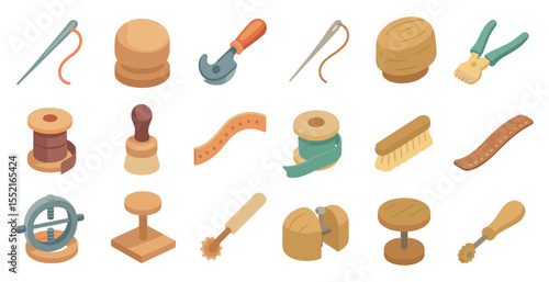 Sewing and tailoring isometric icons set – needlework, crafting, textile tools