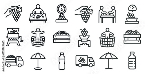 Winemaking and vineyard outline icons set – linear, grape harvest and winery symbols