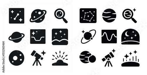 Astronomy and space icons set – solid, filled, galaxy and stargazing symbols