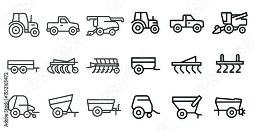 Agricultural machinery outline icons set – farm, equipment, harvest tools collection