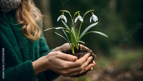 Woman’s Hands Holding Snowdrop Flowers with Soil, Symbol of Spring, Growth and Nature, Close-up Outdoors