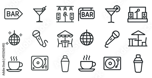 Nightlife and entertainment outline icons set – bar, music, event symbols