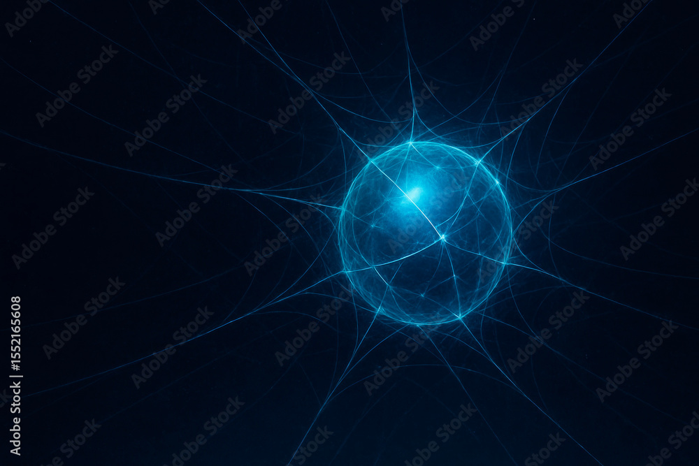 Fototapeta premium Spherical light in the dark web of space. Space for text.