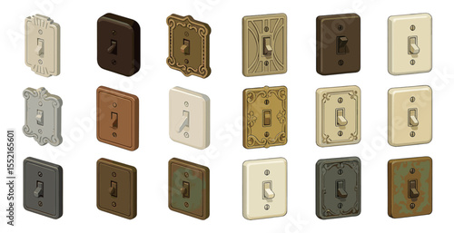 Antique light switches icons set – 3d, vintage, decorative home design symbols