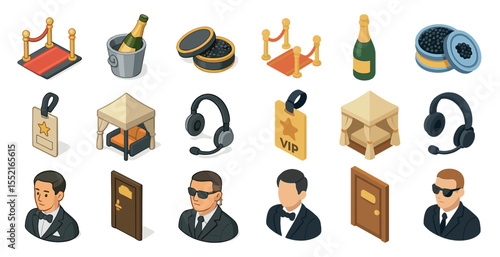Event and security isometric icons set – vip, celebration, and protection symbols