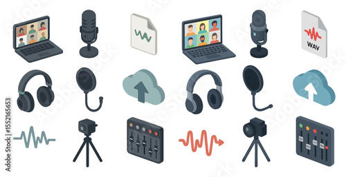 Podcast and recording isometric icons set – audio, broadcast and technology symbols