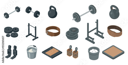 Fitness equipment isometric icons set – gym, workout, exercise symbols
