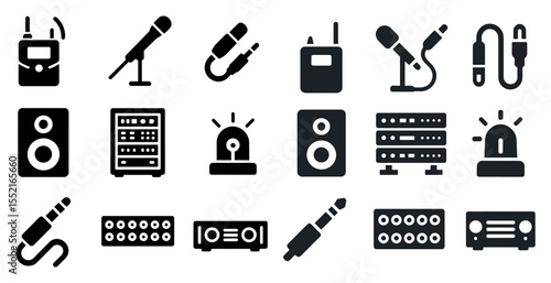 Audio equipment solid icons set – filled, silhouette, sound and music tool symbols