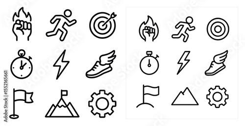 Fitness and sport outline icons set – line, silhouette, exercise and workout symbols