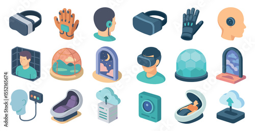 Virtual reality isometric icons set – 3d, futuristic, tech concepts and gadgets