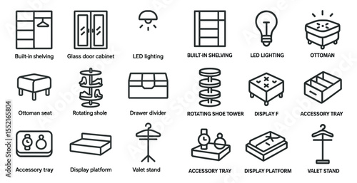 Home storage outline icons set – organization, furniture, shelving symbols