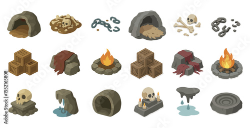 Cave elements isometric icons set – 3d, adventure, treasure hunting symbols