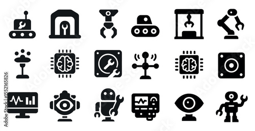 Robotics and ai solid icons set – filled, technology and automation symbols
