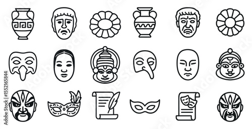 Theater and drama icons set – line, outline, performance and stage symbols