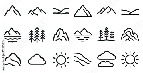 Nature and adventure outline icons set – linear, scenic, outdoor expedition symbols