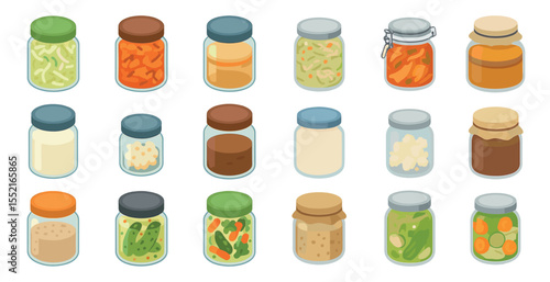 Pickling and canning flat icons set – preserved, jars, kitchen essentials