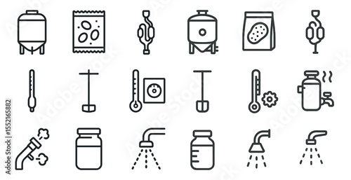 Brewery crafting outline icons set – linear, brewing, beer production elements
